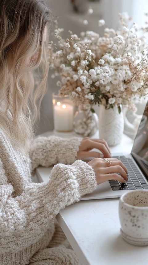 Hands Typing on a Laptop on a White Desk with Minimal Decoration – Cozy Feminine Blogger Aesthetic (377)