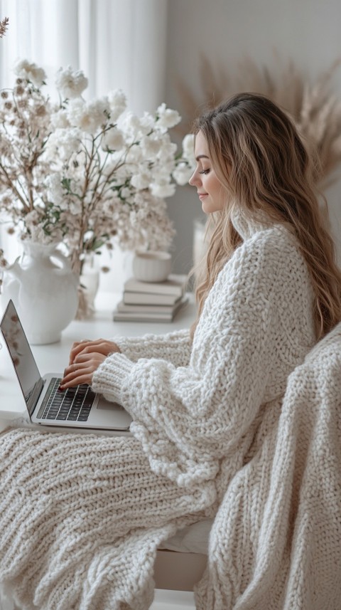 Hands Typing on a Laptop on a White Desk with Minimal Decoration – Cozy Feminine Blogger Aesthetic (390)