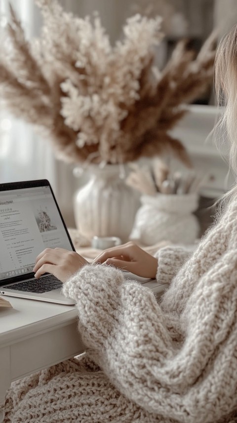 Hands Typing on a Laptop on a White Desk with Minimal Decoration – Cozy Feminine Blogger Aesthetic (450)