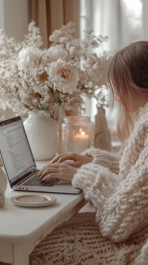 Hands Typing on a Laptop on a White Desk with Minimal Decoration – Cozy Feminine Blogger Aesthetic (402)