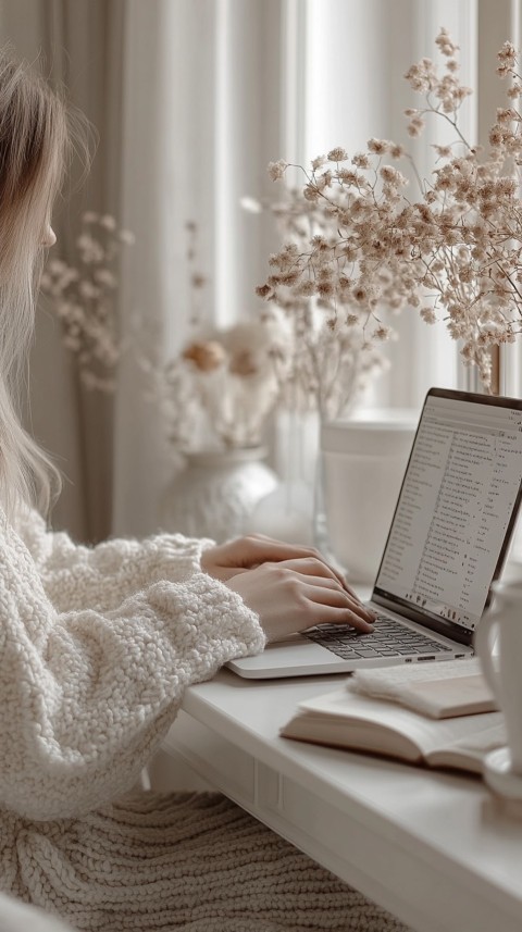 Hands Typing on a Laptop on a White Desk with Minimal Decoration – Cozy Feminine Blogger Aesthetic (435)