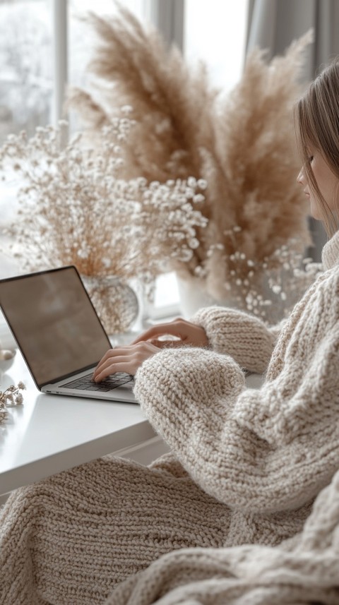 Hands Typing on a Laptop on a White Desk with Minimal Decoration – Cozy Feminine Blogger Aesthetic (442)