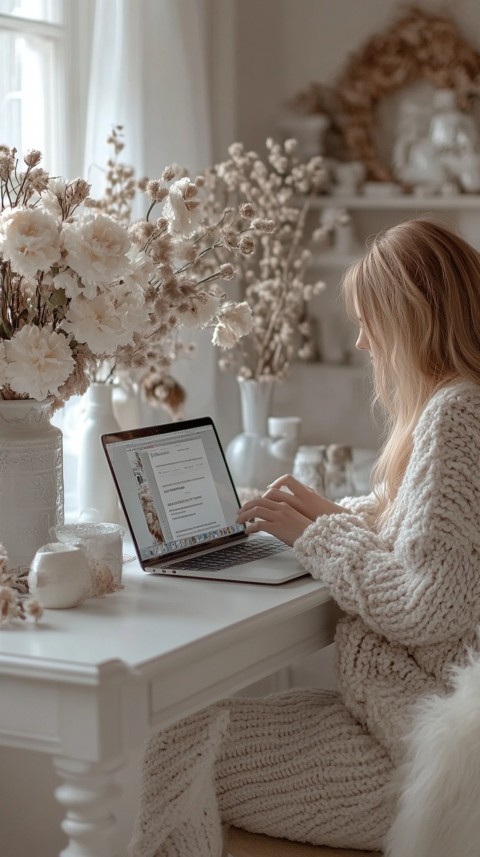 Hands Typing on a Laptop on a White Desk with Minimal Decoration – Cozy Feminine Blogger Aesthetic (404)