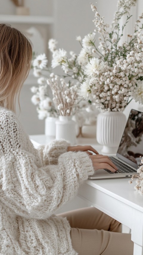 Hands Typing on a Laptop on a White Desk with Minimal Decoration – Cozy Feminine Blogger Aesthetic (413)