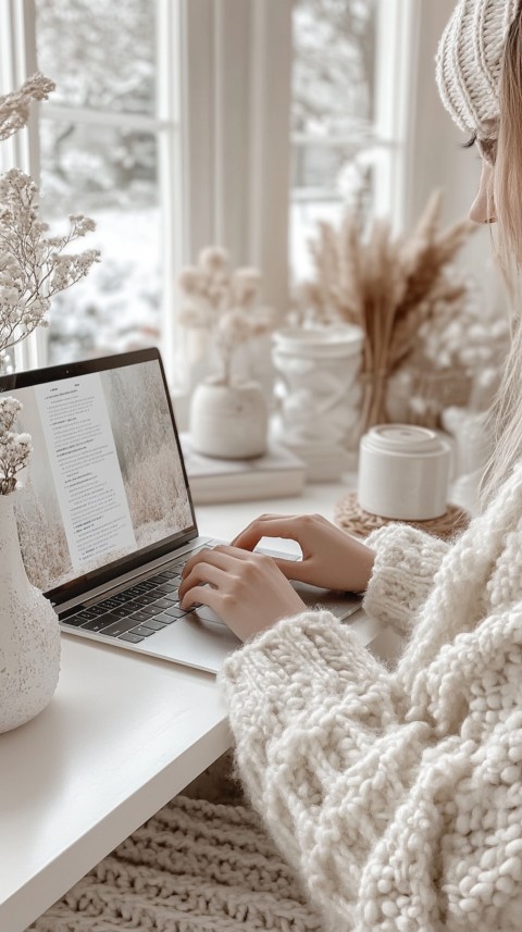 Hands Typing on a Laptop on a White Desk with Minimal Decoration – Cozy Feminine Blogger Aesthetic (415)