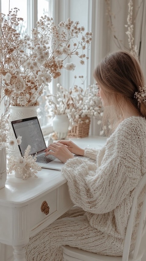 Hands Typing on a Laptop on a White Desk with Minimal Decoration – Cozy Feminine Blogger Aesthetic (420)