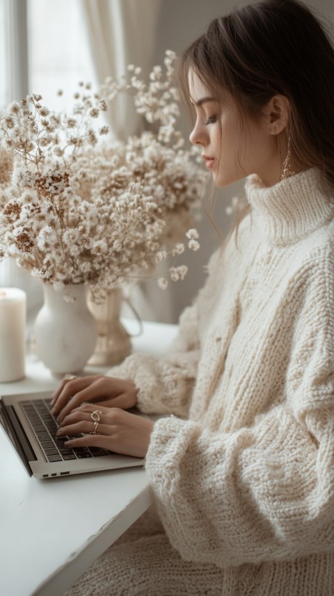 Hands Typing on a Laptop on a White Desk with Minimal Decoration – Cozy Feminine Blogger Aesthetic (406)