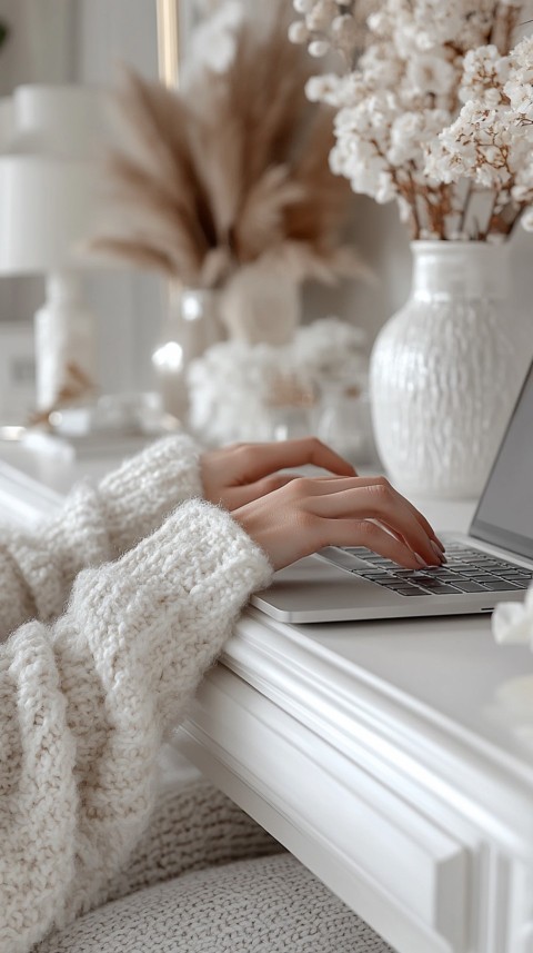 Hands Typing on a Laptop on a White Desk with Minimal Decoration – Cozy Feminine Blogger Aesthetic (467)