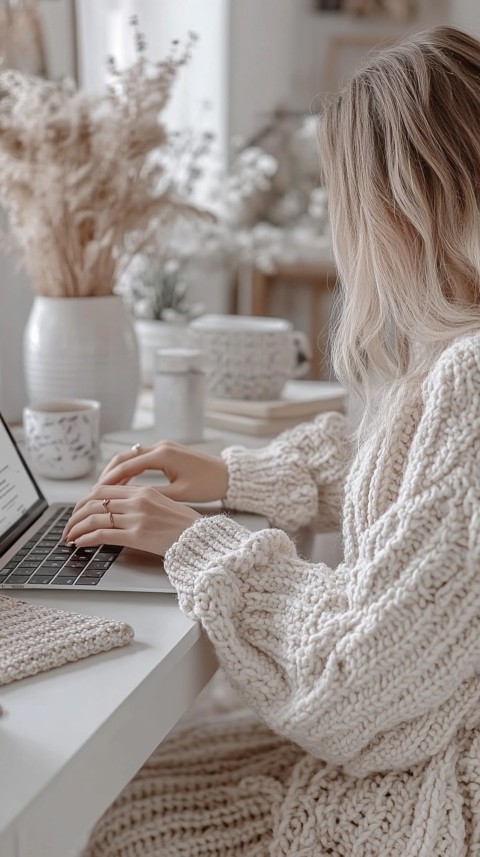 Hands Typing on a Laptop on a White Desk with Minimal Decoration – Cozy Feminine Blogger Aesthetic (453)