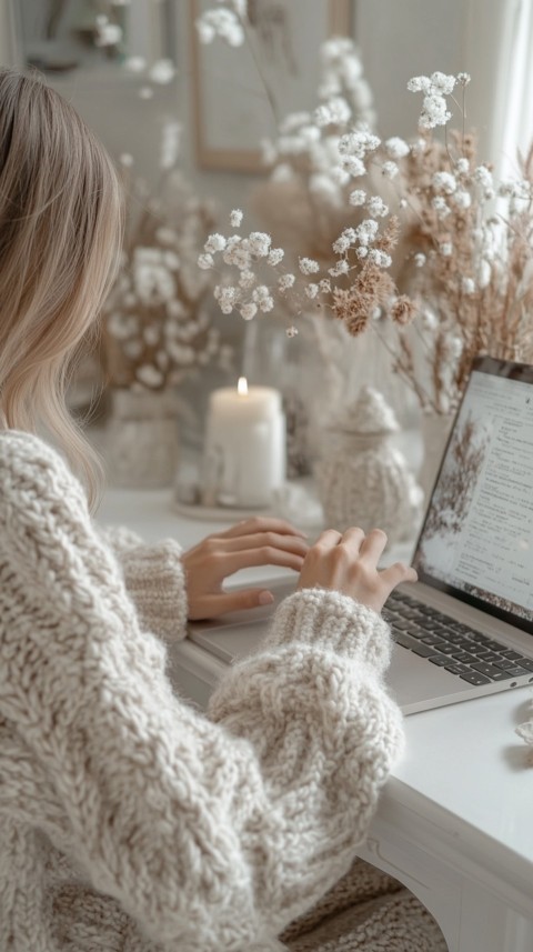 Hands Typing on a Laptop on a White Desk with Minimal Decoration – Cozy Feminine Blogger Aesthetic (475)