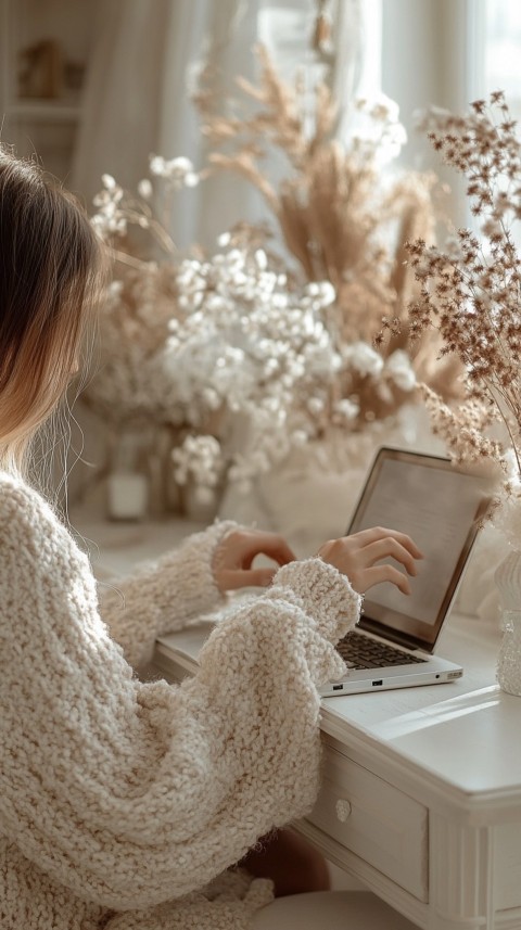 Hands Typing on a Laptop on a White Desk with Minimal Decoration – Cozy Feminine Blogger Aesthetic (455)