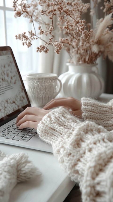 Hands Typing on a Laptop on a White Desk with Minimal Decoration – Cozy Feminine Blogger Aesthetic (470)