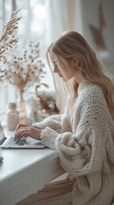 Hands Typing on a Laptop on a White Desk with Minimal Decoration – Cozy Feminine Blogger Aesthetic (478)