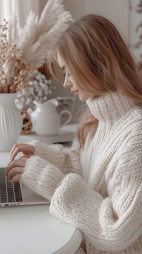 Hands Typing on a Laptop on a White Desk with Minimal Decoration – Cozy Feminine Blogger Aesthetic (460)