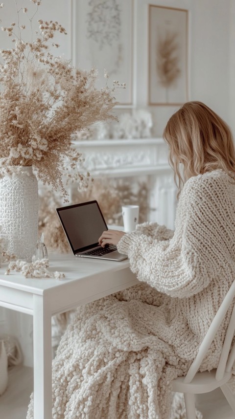 Hands Typing on a Laptop on a White Desk with Minimal Decoration – Cozy Feminine Blogger Aesthetic (476)