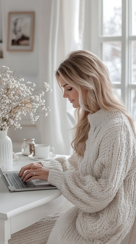 Hands Typing on a Laptop on a White Desk with Minimal Decoration – Cozy Feminine Blogger Aesthetic (480)