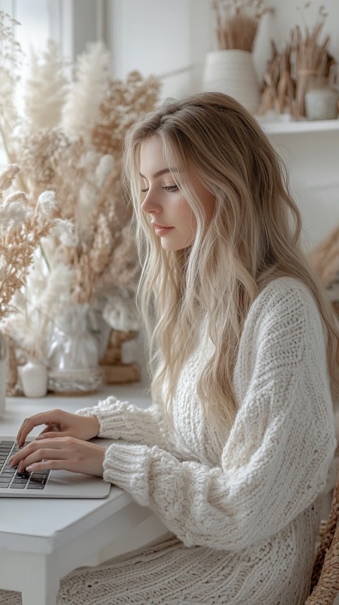 Hands Typing on a Laptop on a White Desk with Minimal Decoration – Cozy Feminine Blogger Aesthetic (461)