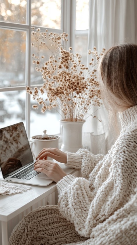 Hands Typing on a Laptop on a White Desk with Minimal Decoration – Cozy Feminine Blogger Aesthetic (477)