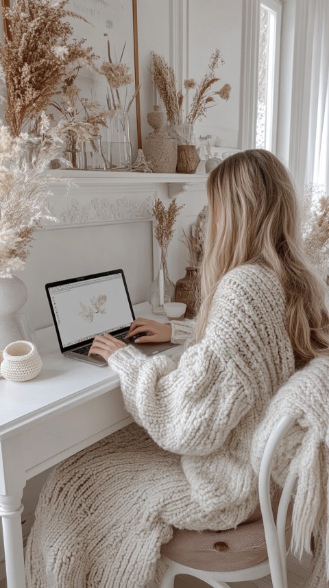 Hands Typing on a Laptop on a White Desk with Minimal Decoration – Cozy Feminine Blogger Aesthetic (458)