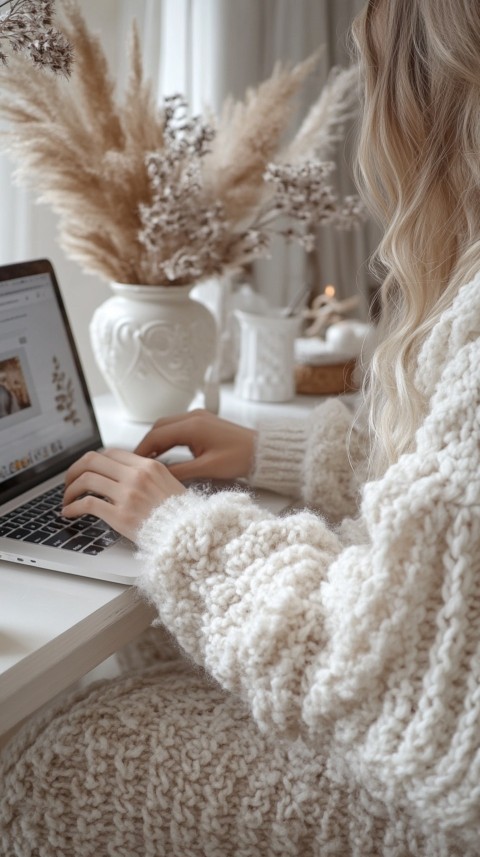 Hands Typing on a Laptop on a White Desk with Minimal Decoration – Cozy Feminine Blogger Aesthetic (488)