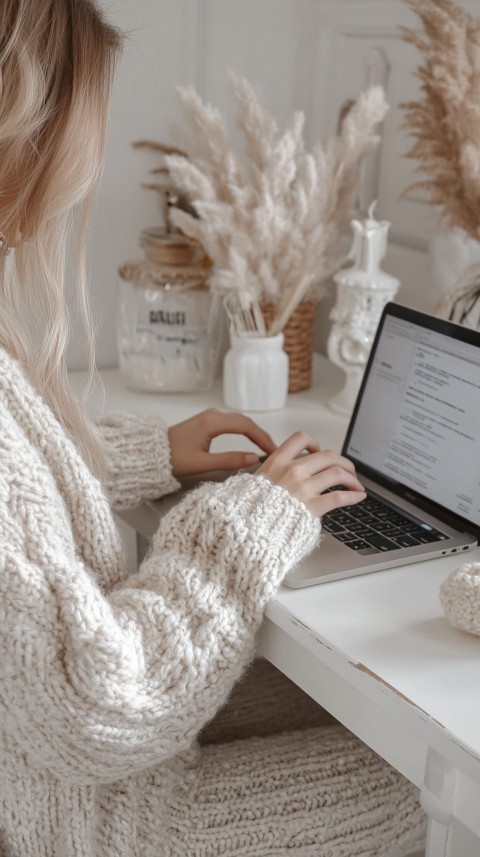 Hands Typing on a Laptop on a White Desk with Minimal Decoration – Cozy Feminine Blogger Aesthetic (492)