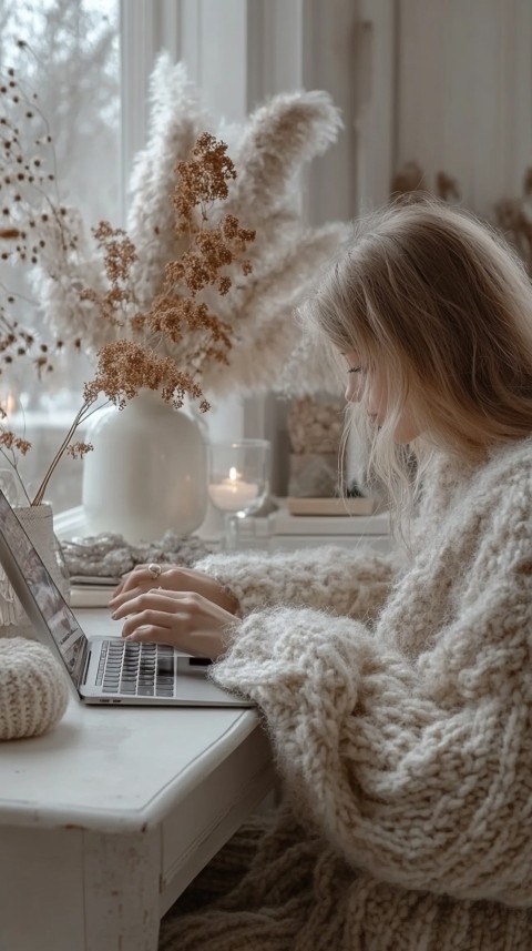 Hands Typing on a Laptop on a White Desk with Minimal Decoration – Cozy Feminine Blogger Aesthetic (481)