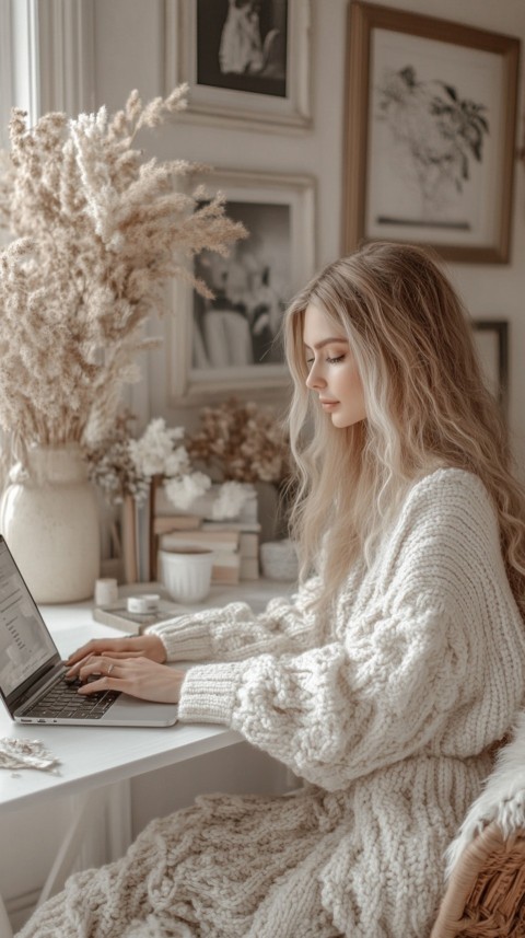 Hands Typing on a Laptop on a White Desk with Minimal Decoration – Cozy Feminine Blogger Aesthetic (495)