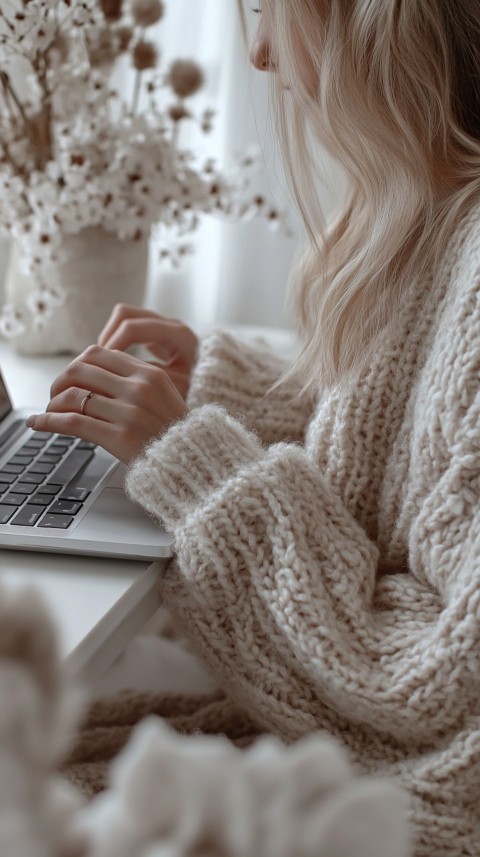 Hands Typing on a Laptop on a White Desk with Minimal Decoration – Cozy Feminine Blogger Aesthetic (482)