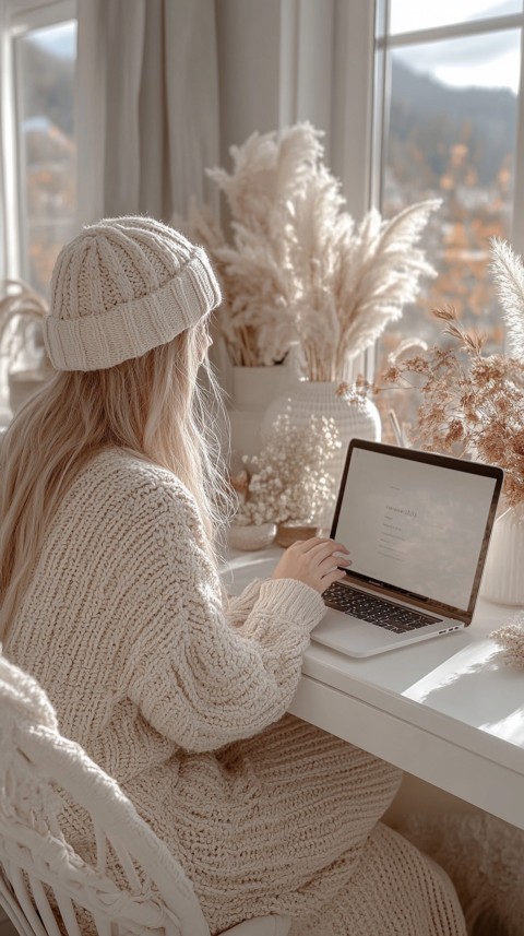 Hands Typing on a Laptop on a White Desk with Minimal Decoration – Cozy Feminine Blogger Aesthetic (494)