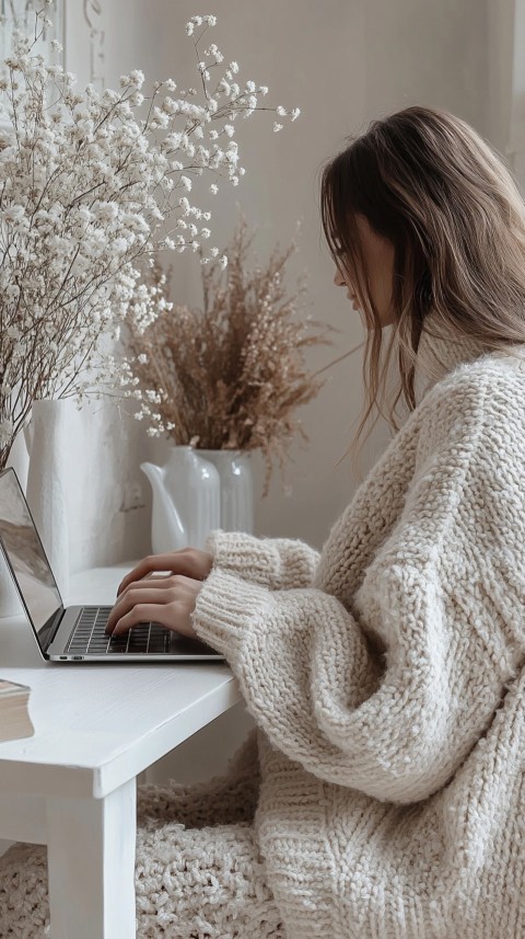 Hands Typing on a Laptop on a White Desk with Minimal Decoration – Cozy Feminine Blogger Aesthetic (484)