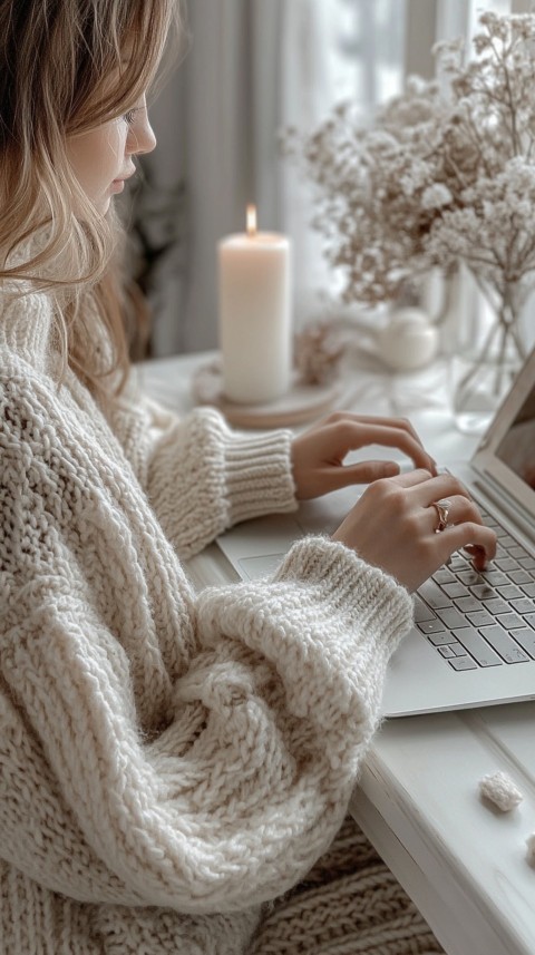 Hands Typing on a Laptop on a White Desk with Minimal Decoration – Cozy Feminine Blogger Aesthetic (519)