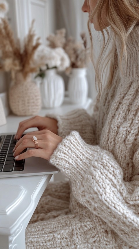 Hands Typing on a Laptop on a White Desk with Minimal Decoration – Cozy Feminine Blogger Aesthetic (508)