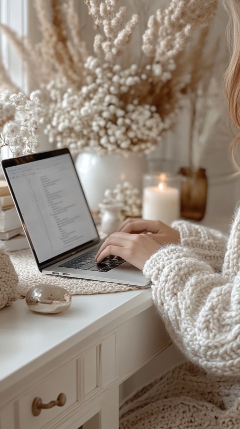 Hands Typing on a Laptop on a White Desk with Minimal Decoration – Cozy Feminine Blogger Aesthetic (522)