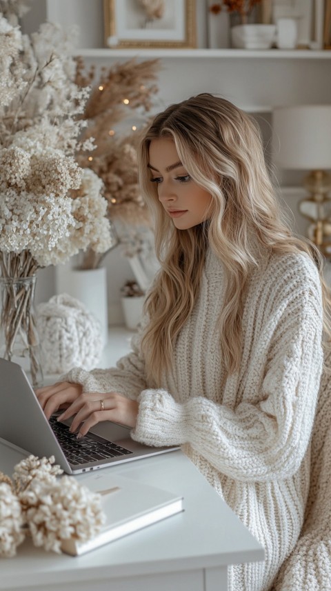 Hands Typing on a Laptop on a White Desk with Minimal Decoration – Cozy Feminine Blogger Aesthetic (511)