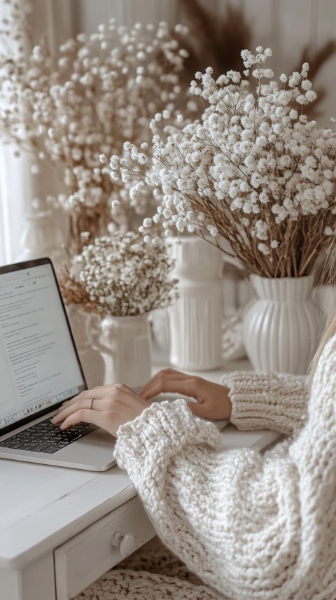 Hands Typing on a Laptop on a White Desk with Minimal Decoration – Cozy Feminine Blogger Aesthetic (529)