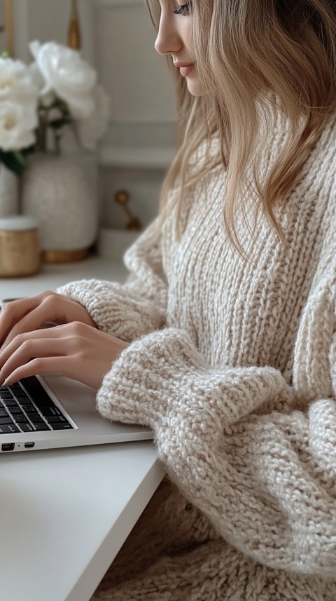 Hands Typing on a Laptop on a White Desk with Minimal Decoration – Cozy Feminine Blogger Aesthetic (526)