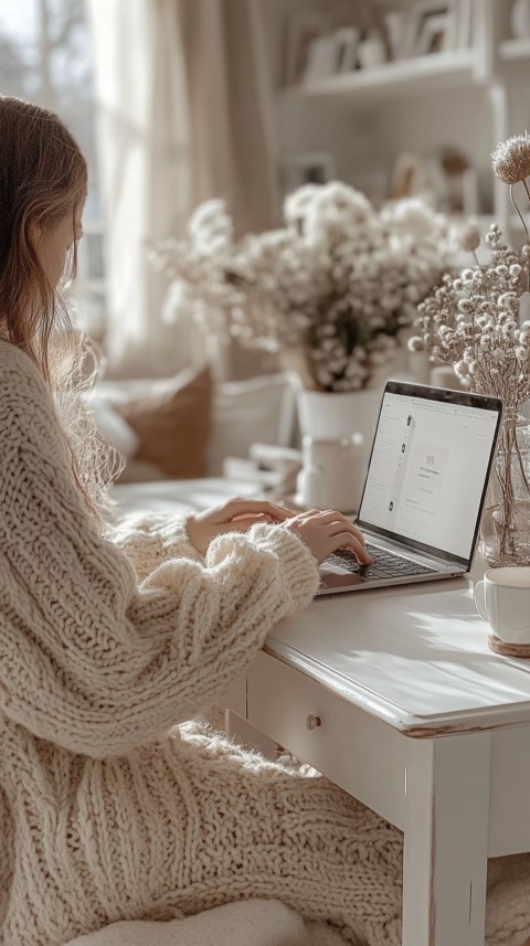 Hands Typing on a Laptop on a White Desk with Minimal Decoration – Cozy Feminine Blogger Aesthetic (514)