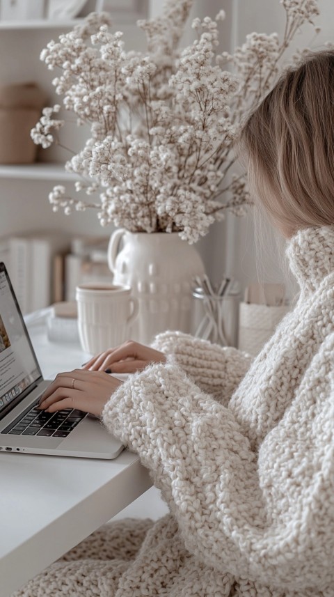 Hands Typing on a Laptop on a White Desk with Minimal Decoration – Cozy Feminine Blogger Aesthetic (507)