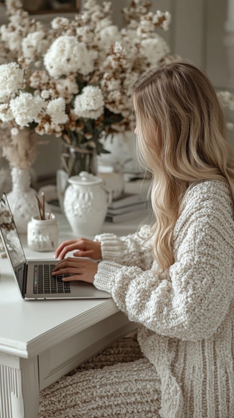 Hands Typing on a Laptop on a White Desk with Minimal Decoration – Cozy Feminine Blogger Aesthetic (506)