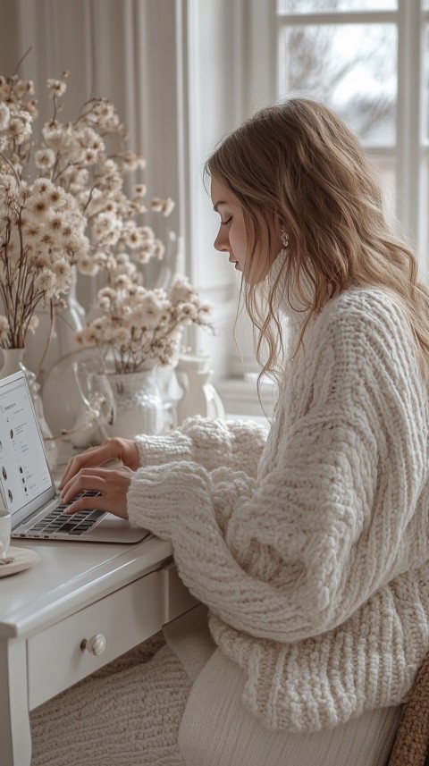 Hands Typing on a Laptop on a White Desk with Minimal Decoration – Cozy Feminine Blogger Aesthetic (505)