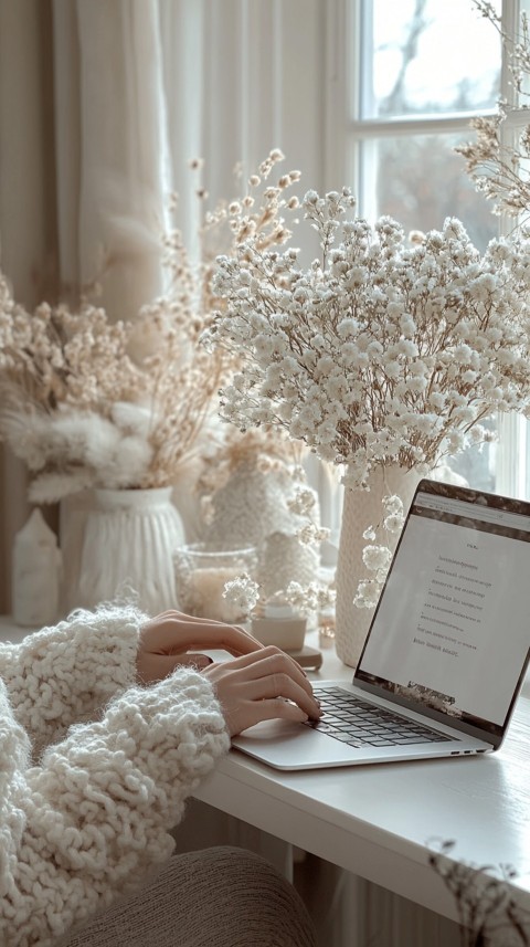 Hands Typing on a Laptop on a White Desk with Minimal Decoration – Cozy Feminine Blogger Aesthetic (516)