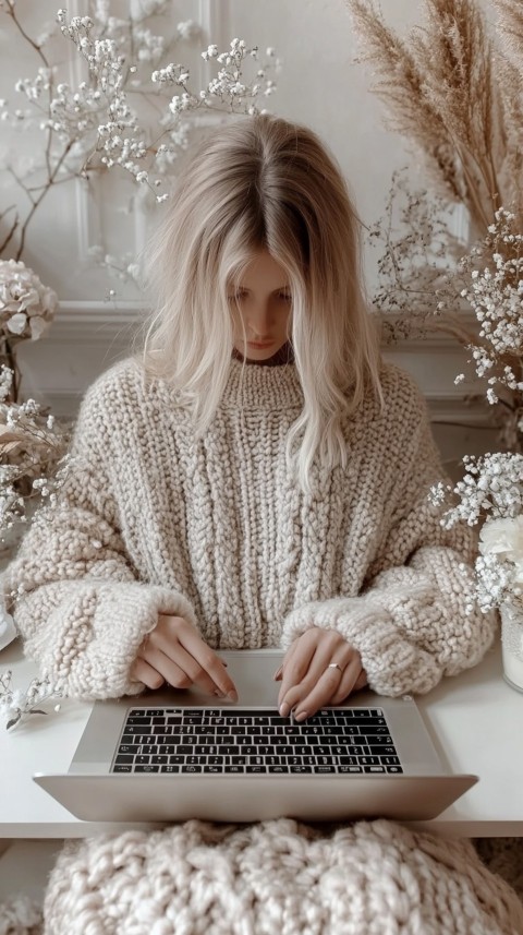 Hands Typing on a Laptop on a White Desk with Minimal Decoration – Cozy Feminine Blogger Aesthetic (517)