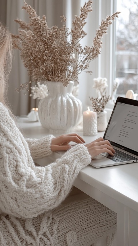 Hands Typing on a Laptop on a White Desk with Minimal Decoration – Cozy Feminine Blogger Aesthetic (530)