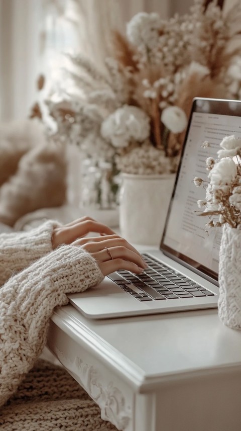 Hands Typing on a Laptop on a White Desk with Minimal Decoration – Cozy Feminine Blogger Aesthetic (533)