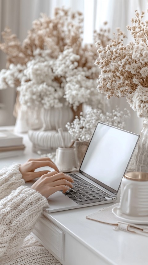 Hands Typing on a Laptop on a White Desk with Minimal Decoration – Cozy Feminine Blogger Aesthetic (560)