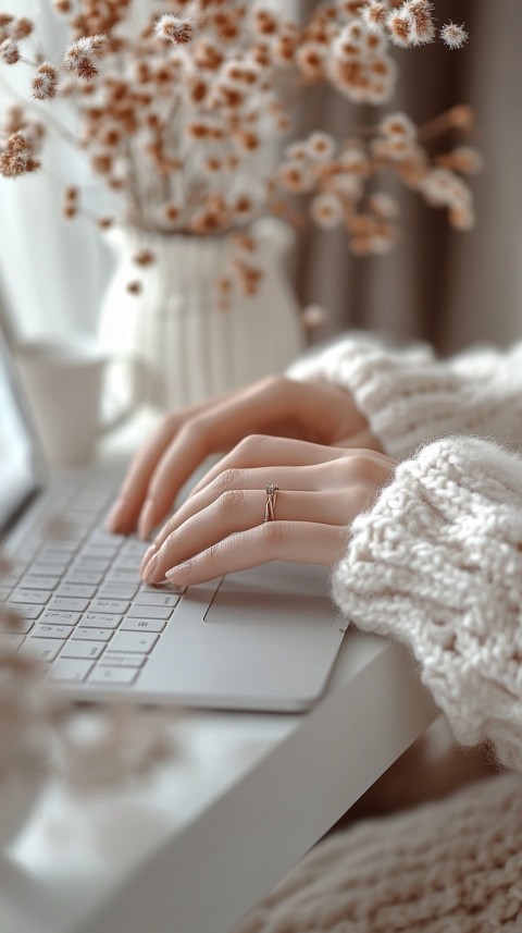 Hands Typing on a Laptop on a White Desk with Minimal Decoration – Cozy Feminine Blogger Aesthetic (544)