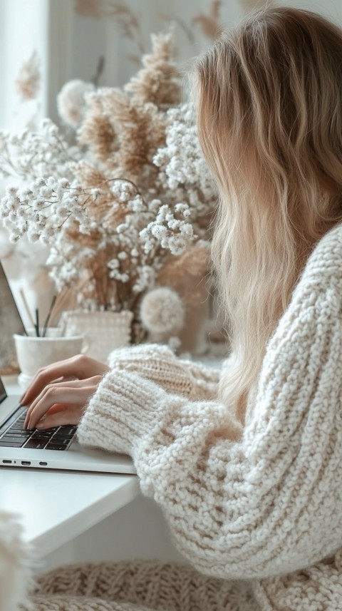 Hands Typing on a Laptop on a White Desk with Minimal Decoration – Cozy Feminine Blogger Aesthetic (539)