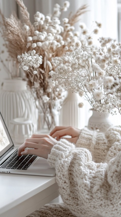 Hands Typing on a Laptop on a White Desk with Minimal Decoration – Cozy Feminine Blogger Aesthetic (531)