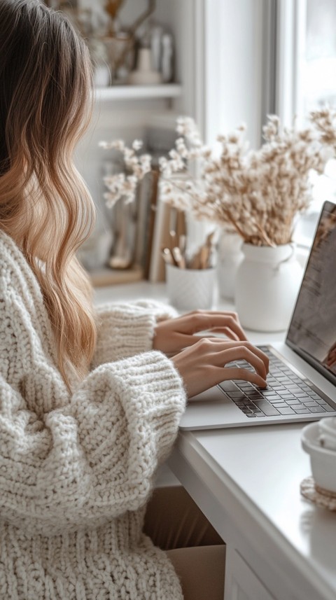 Hands Typing on a Laptop on a White Desk with Minimal Decoration – Cozy Feminine Blogger Aesthetic (548)