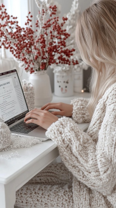 Hands Typing on a Laptop on a White Desk with Minimal Decoration – Cozy Feminine Blogger Aesthetic (547)